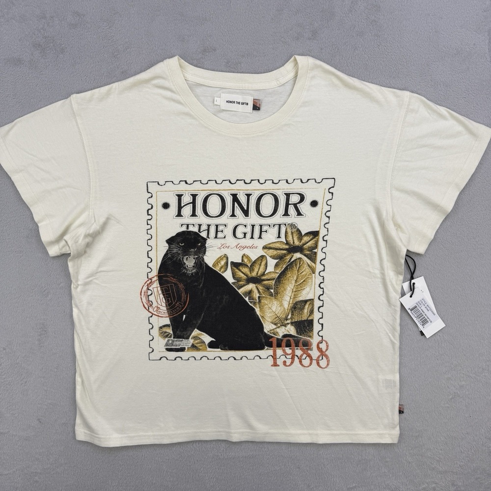 Honor The Gift 1988 Stamp Graphic T Shirt Womens Large Beige Cotton Tee